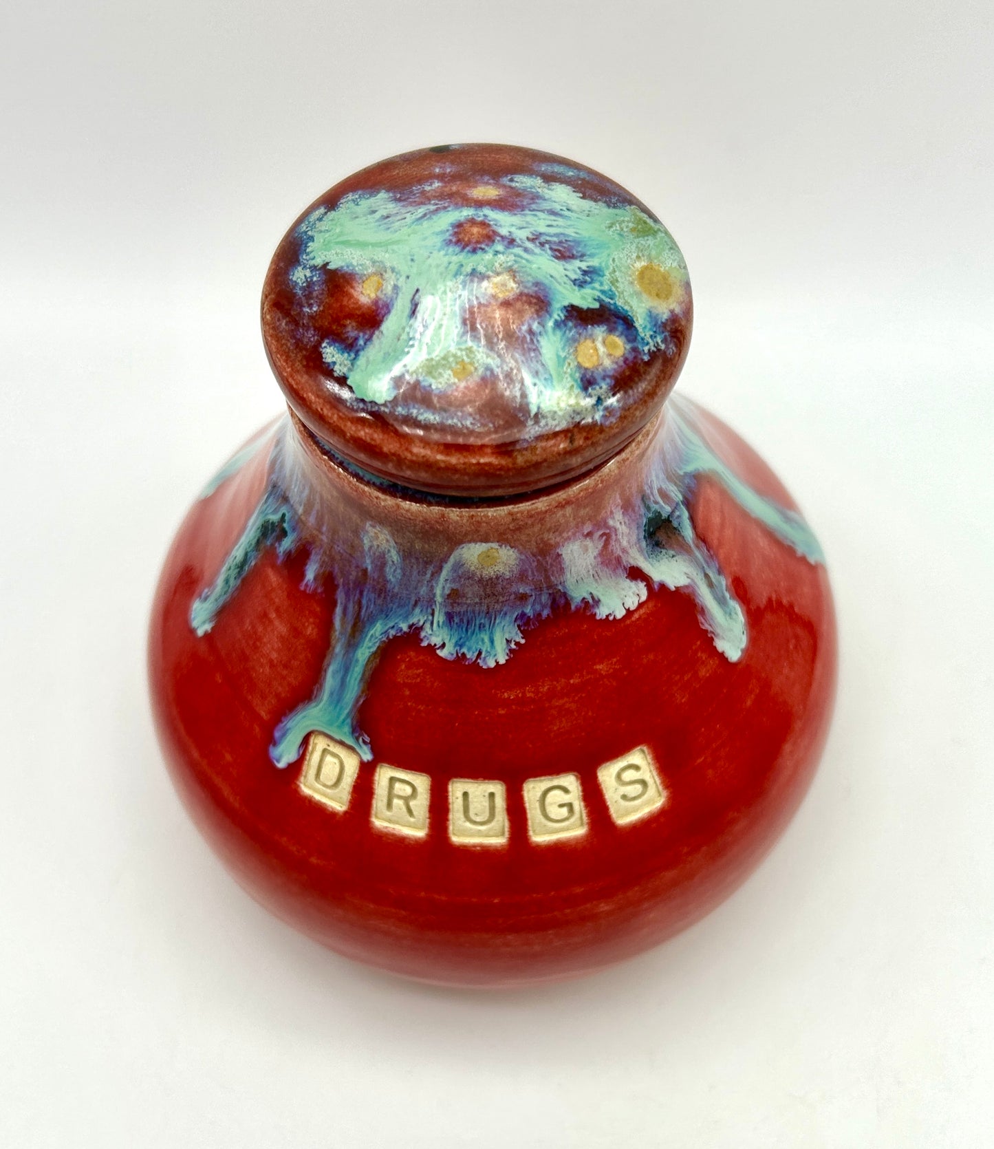 'Drugs' stoppered jar in vibrant colours