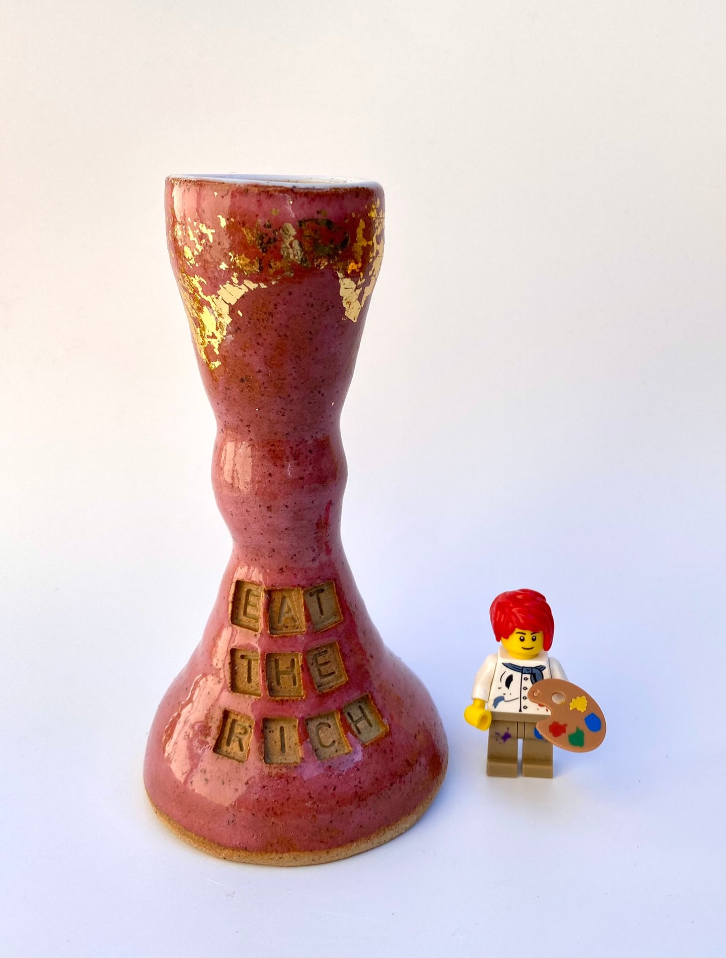 SECOND 'Eat the rich' small candlestick with gold leaf