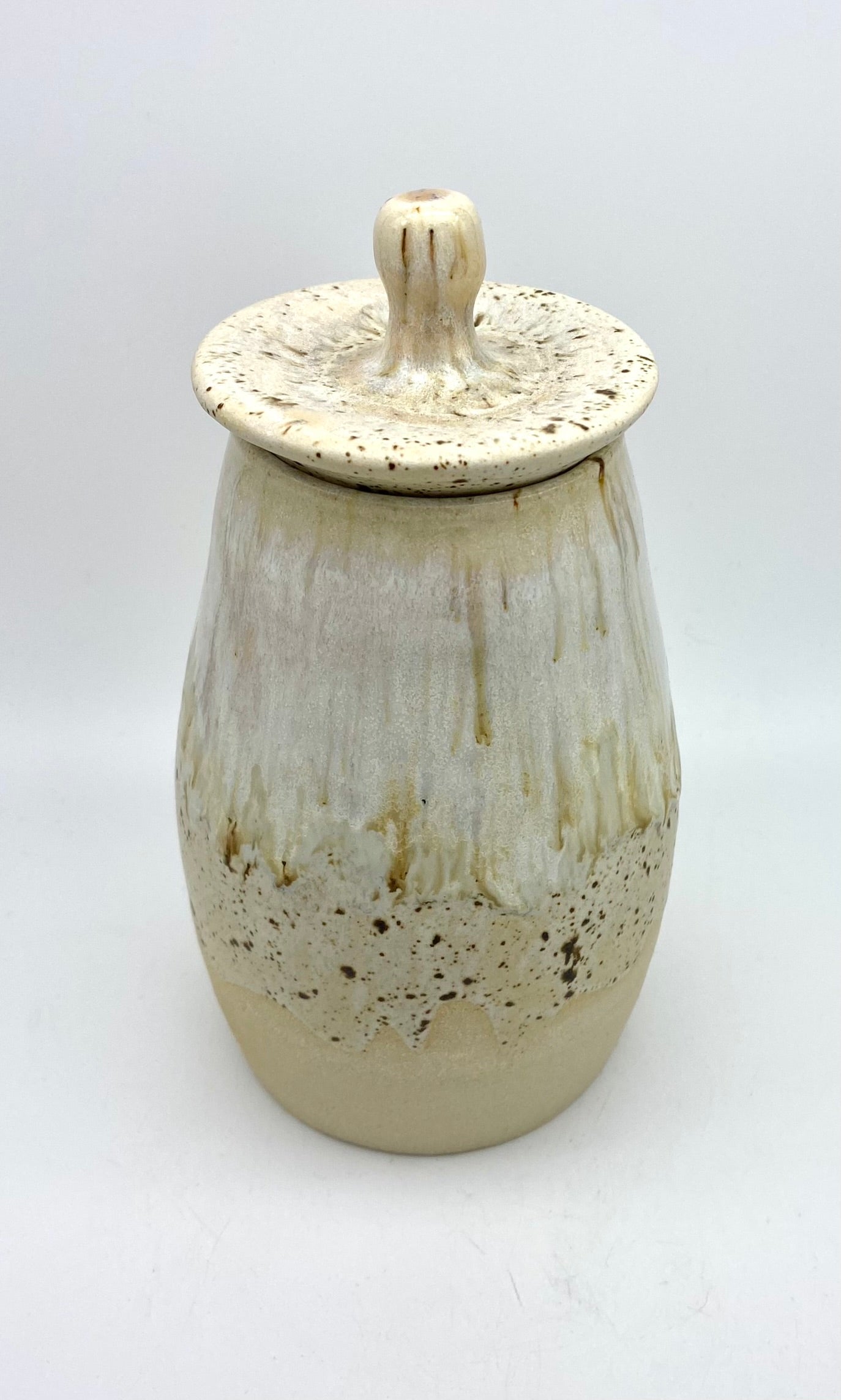 SECOND Creamy speckled tall lidded pot