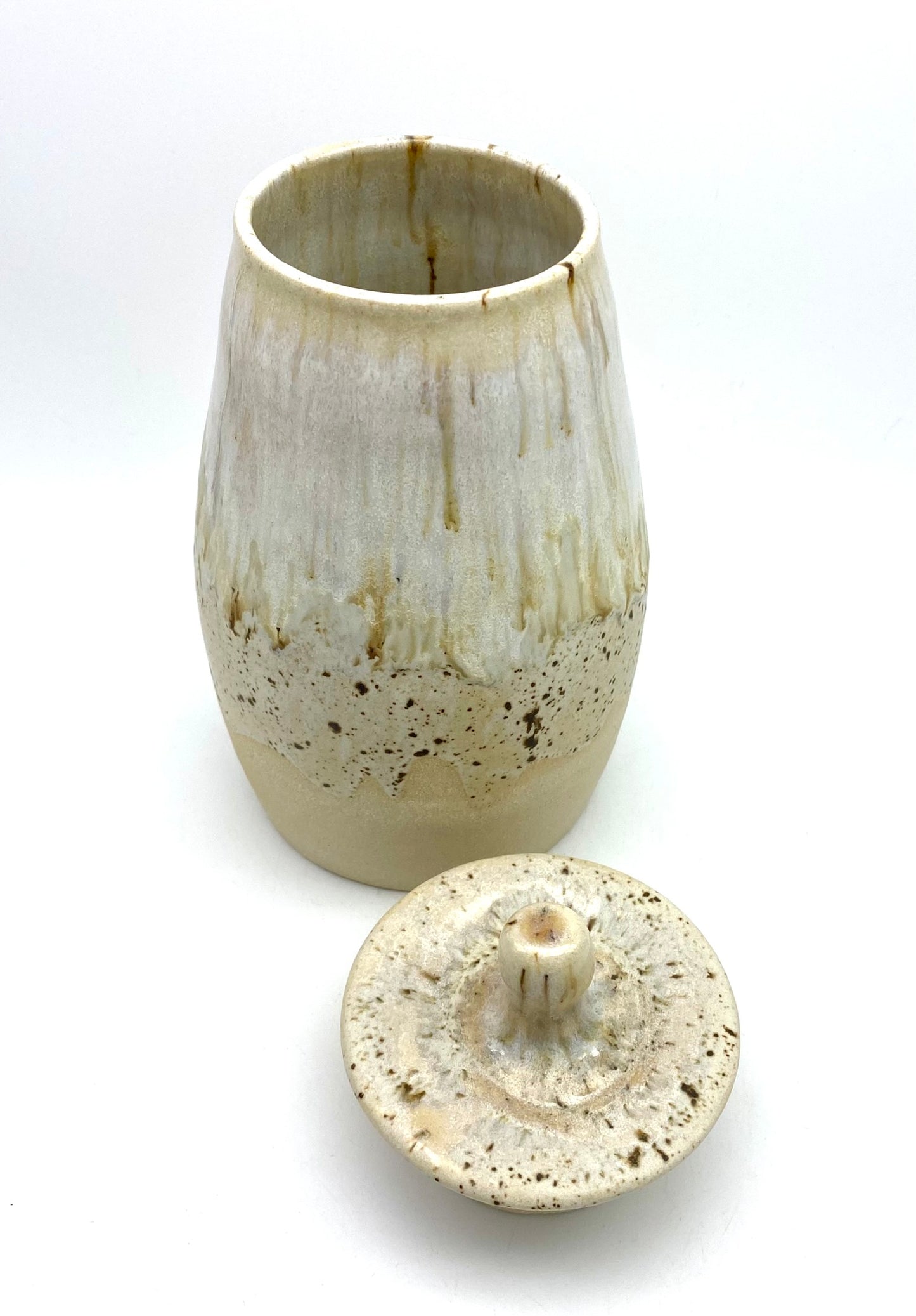 SECOND Creamy speckled tall lidded pot