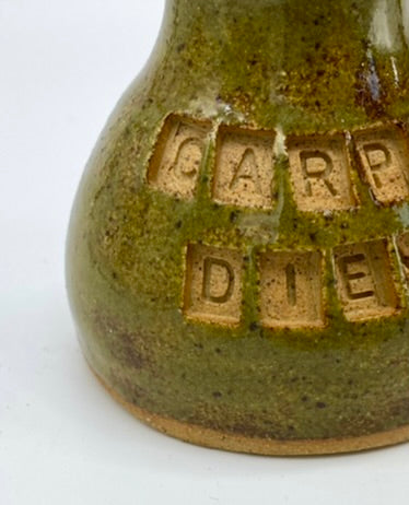 'Carpe diem' speckled olive green candlestick or stem vase