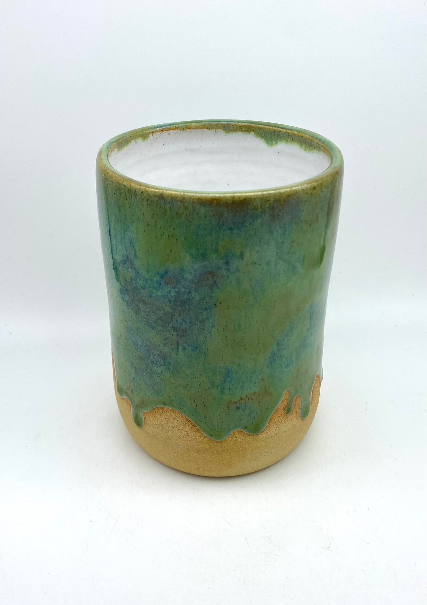 SECOND Tall vase in flowing greens on toasty clay