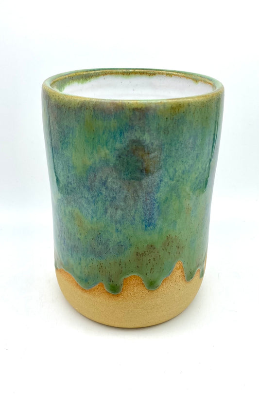 SECOND Tall vase in flowing greens on toasty clay