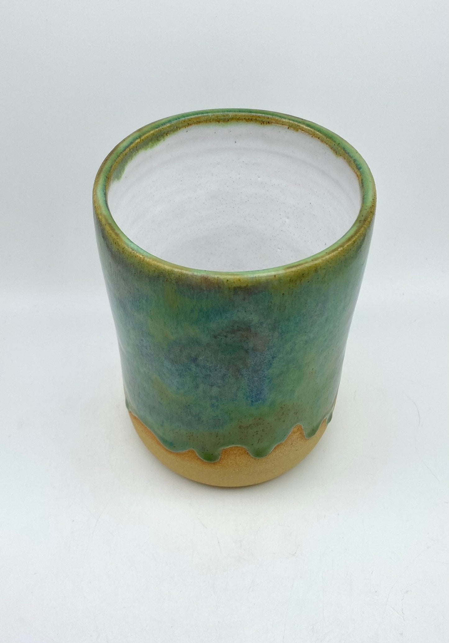 SECOND Tall vase in flowing greens on toasty clay