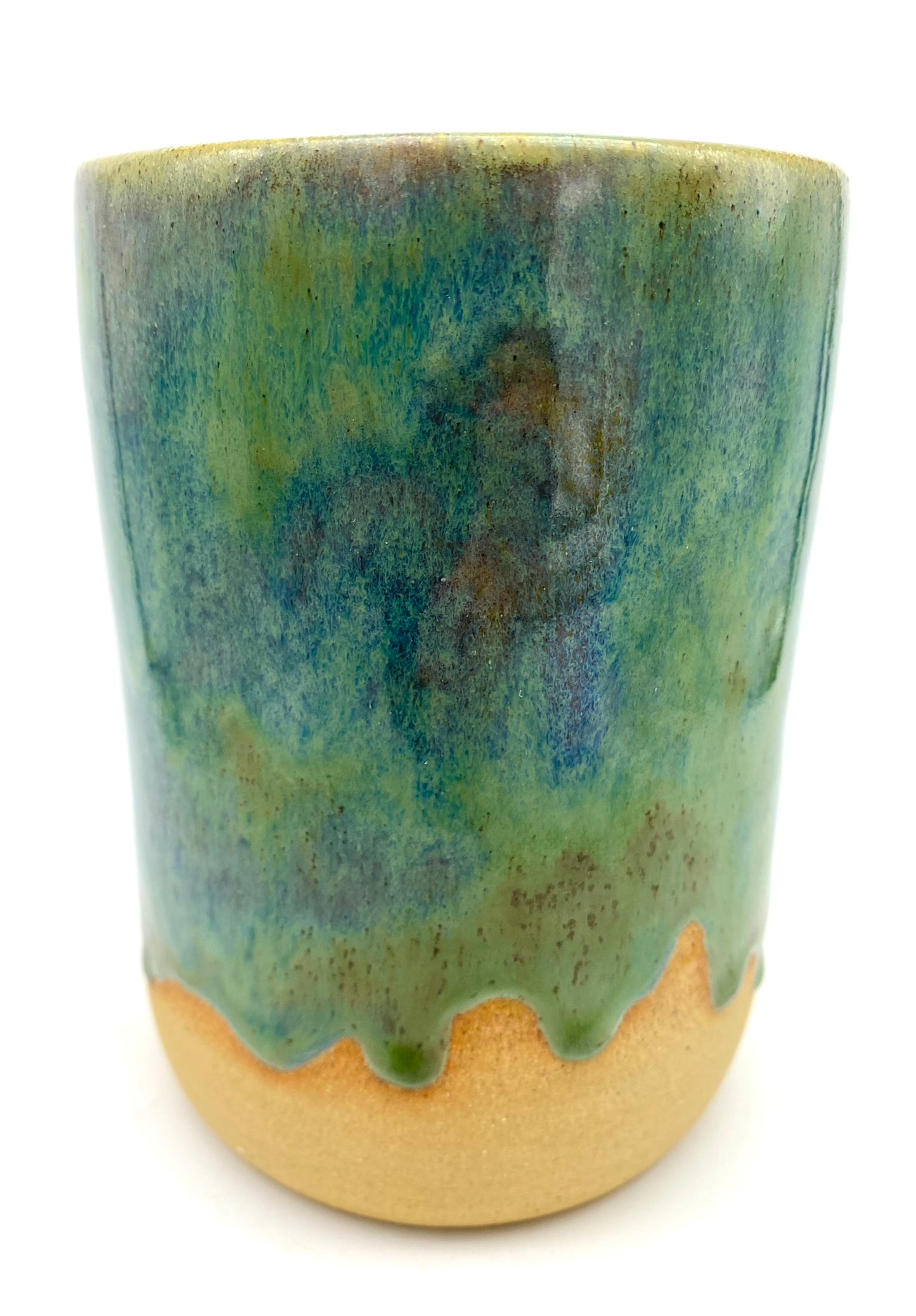 SECOND Tall vase in flowing greens on toasty clay