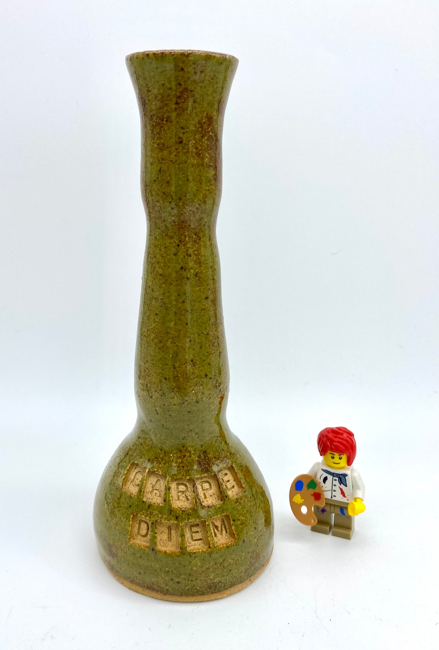 'Carpe diem' speckled olive green candlestick or stem vase