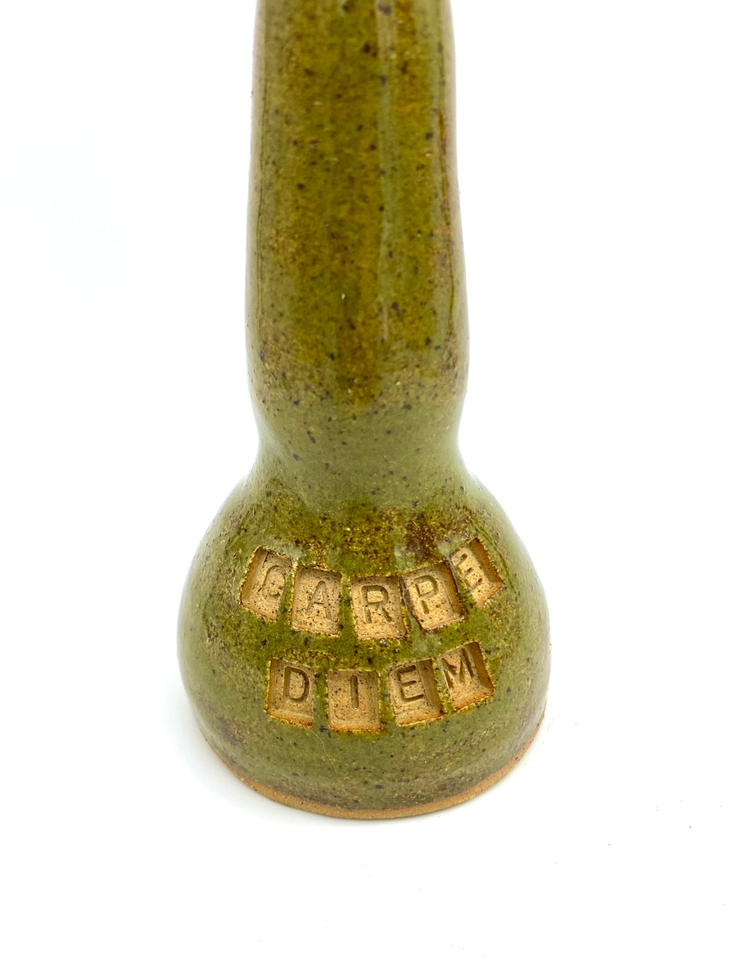 'Carpe diem' speckled olive green candlestick or stem vase