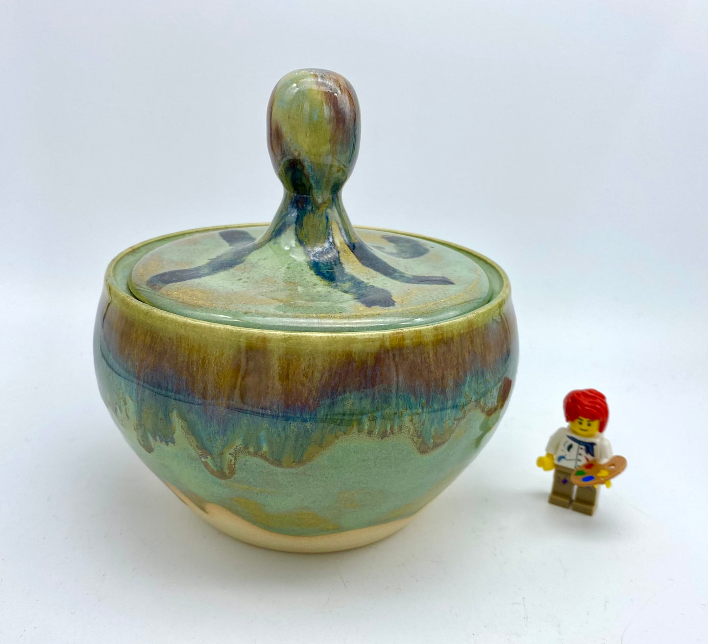 SECOND Lidded pot in 'aqua falls' glazes