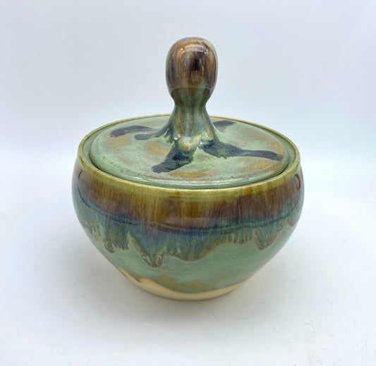 SECOND Lidded pot in 'aqua falls' glazes