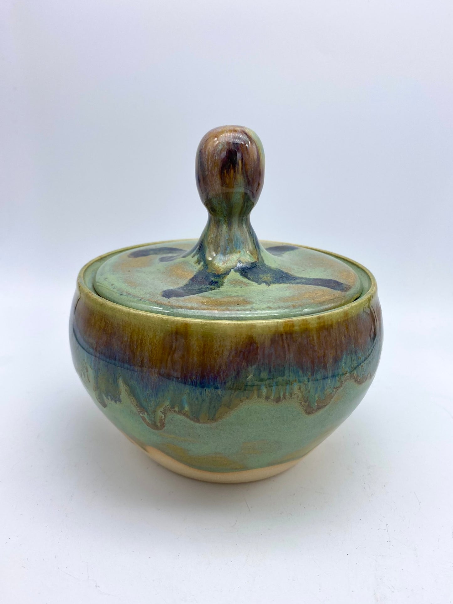 SECOND Lidded pot in 'aqua falls' glazes