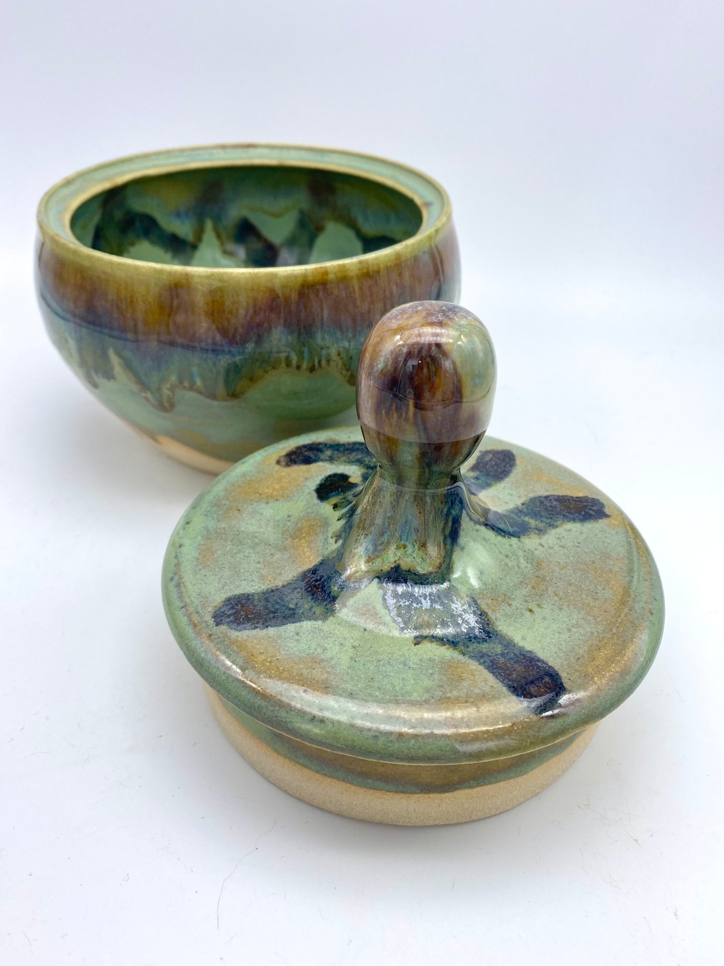 SECOND Lidded pot in 'aqua falls' glazes