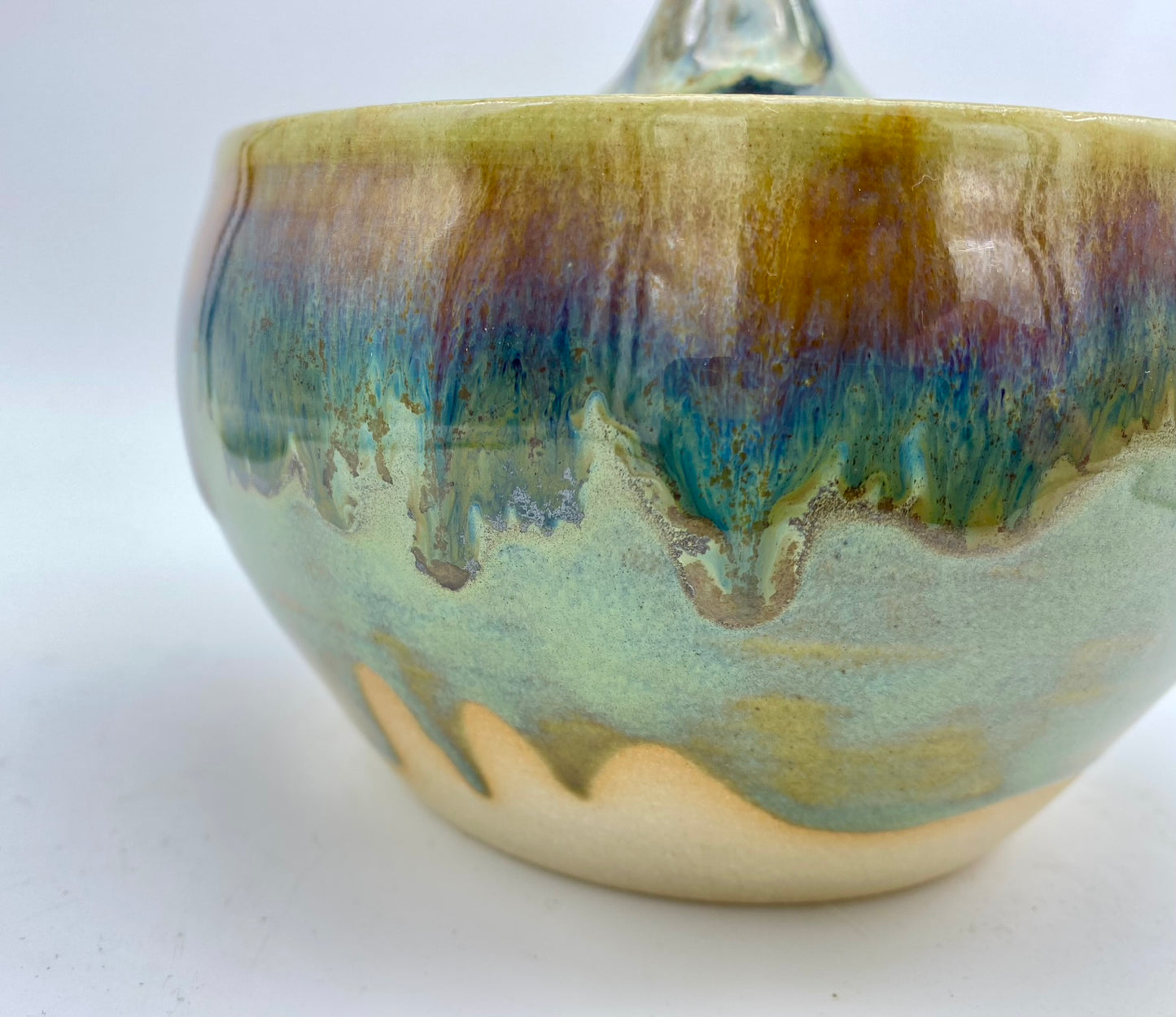 SECOND Lidded pot in 'aqua falls' glazes