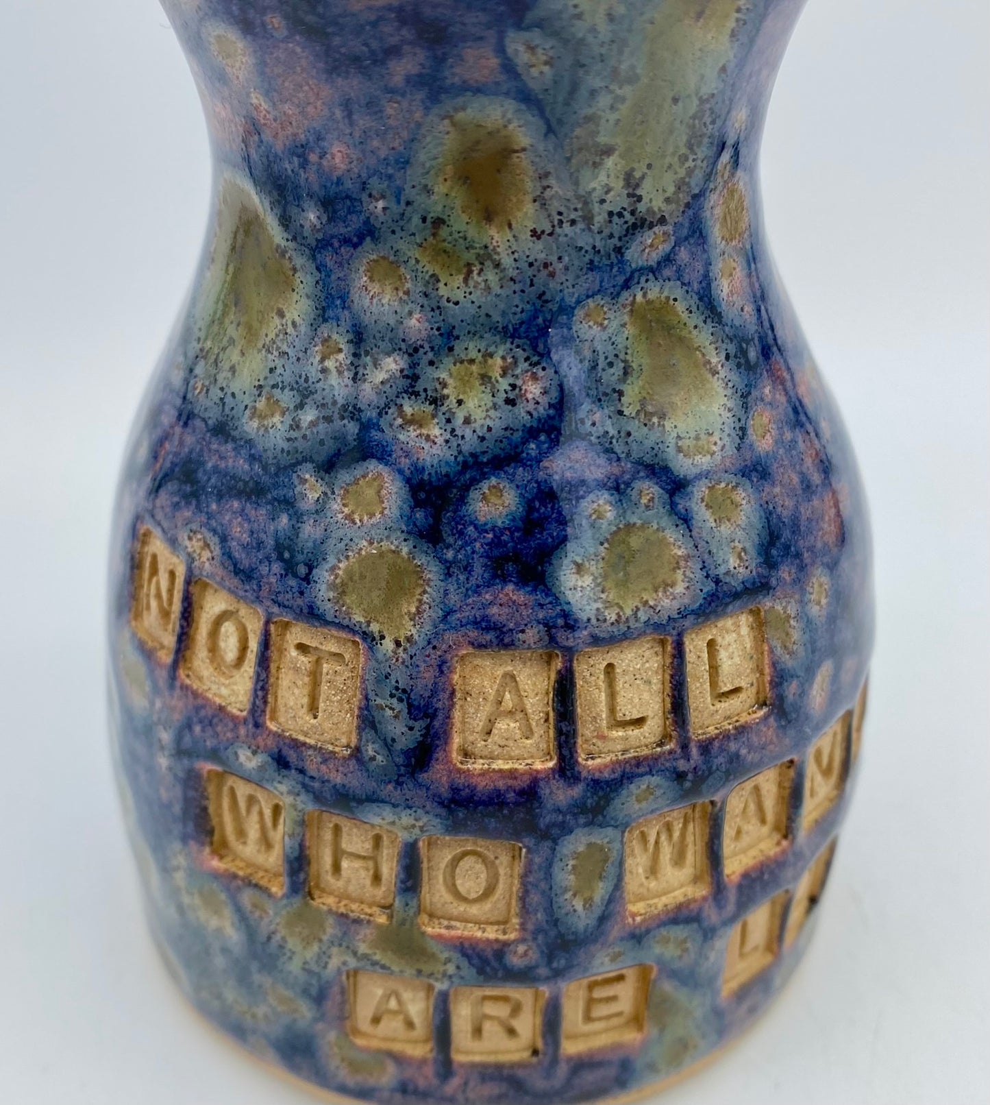 'Not all who wander are lost' vase in 'The Starry Night' glaze