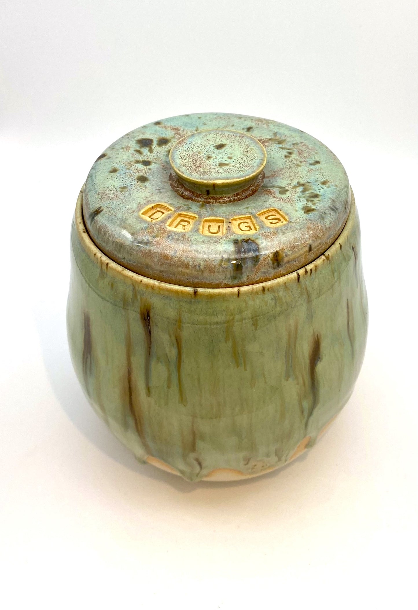 'Drugs' lidded canister in greens - for tea, coffee, toiletries