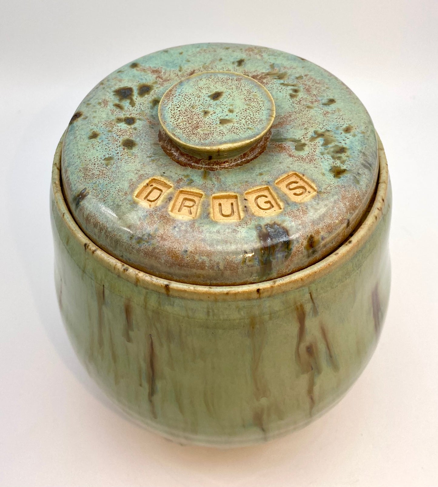 'Drugs' lidded canister in greens - for tea, coffee, toiletries