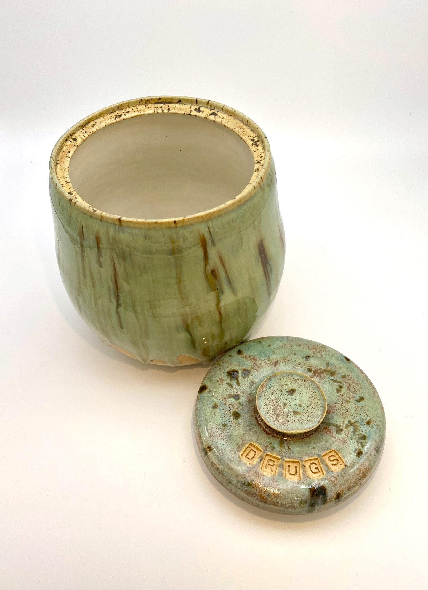 'Drugs' lidded canister in greens - for tea, coffee, toiletries